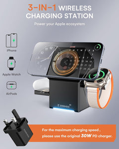 3 in 1 Charging Station Compatible with Magsafe, Qi2 15W Fast Wireless Charger, Auto-Rotating Charger Stand for iPhone 16/15/14/13/12 Series, AirPods, Apple Watch(30W Adapter Included)